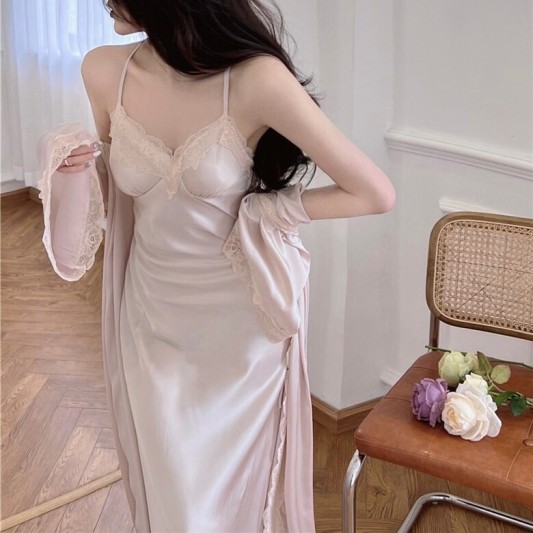 蕾丝边开衫外袍+吊带冰丝睡裙套装